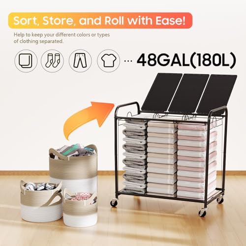 180L Laundry Sorter 3 Section, Rolling Laundry Basket - Image 6