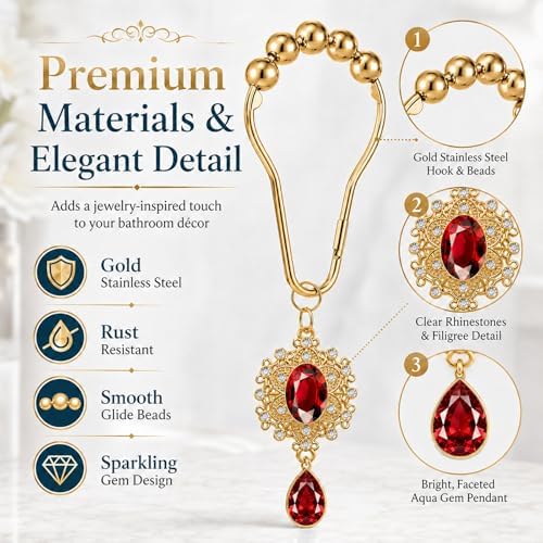 12PCS Red Gem Shower Curtain Hooks, Elegant Bathroom Decor - Image 2
