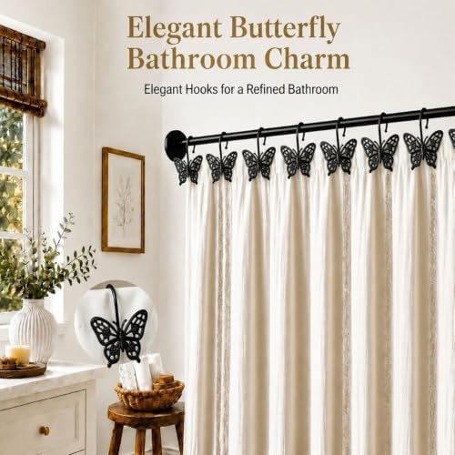 Butterfly Shower Curtain Hooks, Farmhouse Bathroom Decor, Rust-Resistant Zinc - Image 2