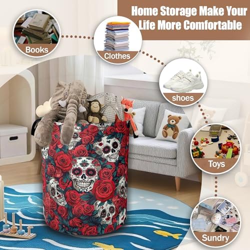 Skull Red Rose Laundry Hamper, Flowers Skeleton Laundry Baskets, Waterproof - Image 3