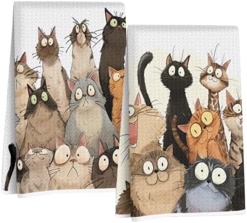 2 Pcs Cute Cat Kitchen Towels, Funny Cats Gifts Absorbent Hand Towels-01 by Jztco