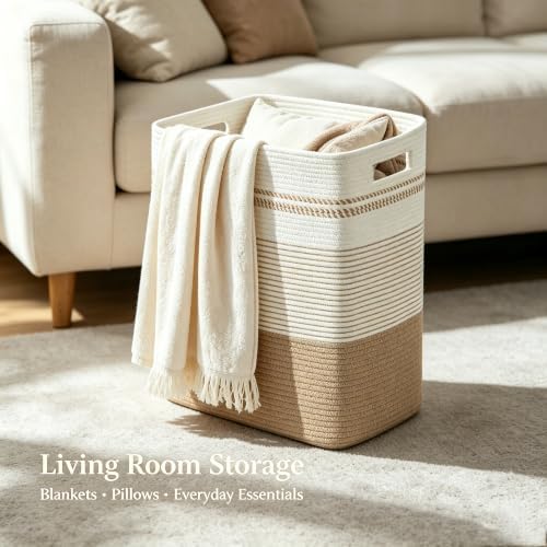 Rectangular Cotton Rope Laundry Hamper 60L Foldable Basket - Image 5