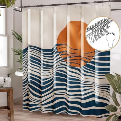 AmazerBath Boho Shower Curtain, 72x72 Washable Cloth Navy Sea and Sunset Shower by AmazerBath