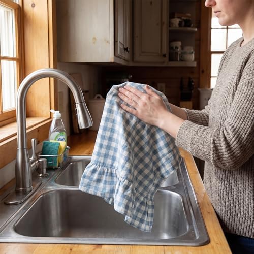 HunnmingRe 2 Pcs Dusty Blue Gingham Kitchen Towels Cotton Ruffle Dish Towel - Image 6
