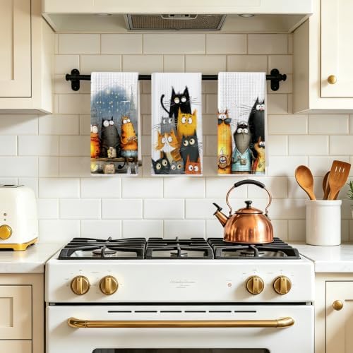 3 Pcs Cute Cat Kitchen Towels, Funny Cats Gifts Absorbent Hand Towels-04 - Image 5