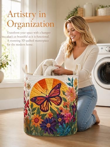 Quilted Laundry Basket with Handles, Boho Floral Quilted Storage Hamper - Image 6