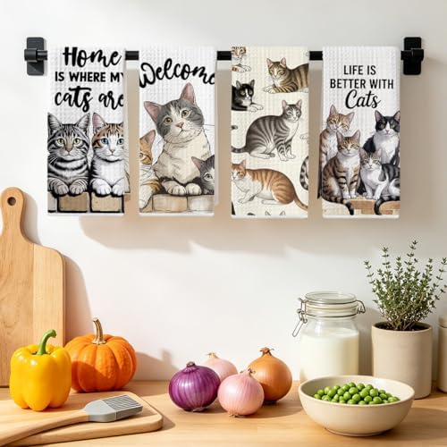 4 Pcs Cute Cat Kitchen Towels 24x14 Inch, Cats Gifts Absorbent Hand Towels - Image 4
