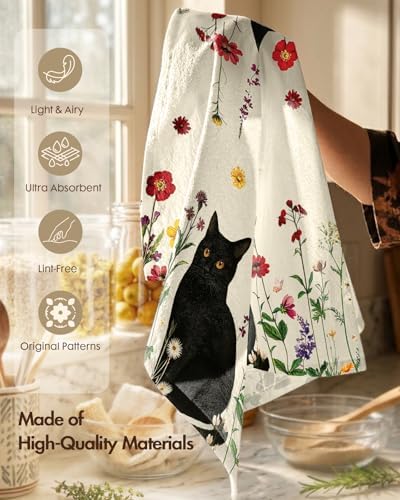 Miss Adola 150GSM Flour Sack Kitchen Towels Set of 2, Retro Cats Floral - Image 3