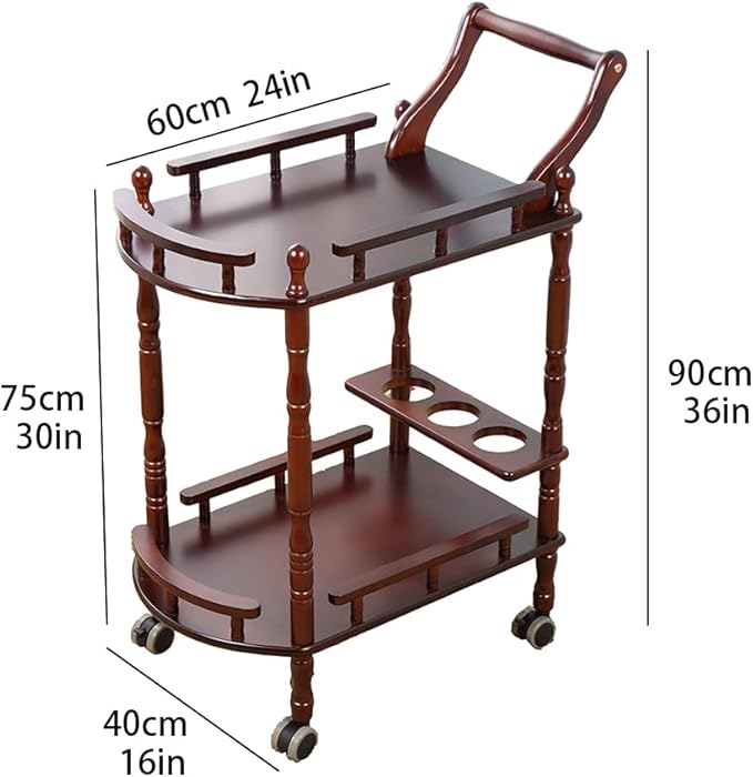 Entertainment Kitchen Cart, Midcentury Modern Imported rubberwood Brown Finished Wood 2-Tier Mobile Bar Cart Serving Cart