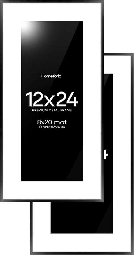 Homeforia 12x24 Picture Frame Black, High End Metal 12x24 Poster Frames with Mat 8x20 for Photo, 12 x 24 Black Frame Matted to 8 by 20 Print, 24x12 Panoramic Frames, Tempered Glass, Wall Kit, Set of 2