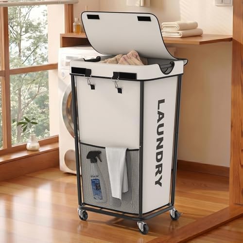 Laundry Hamper with Wheels and Lid, 110L Large Rolling Laundry Basket White by OLLDIDE