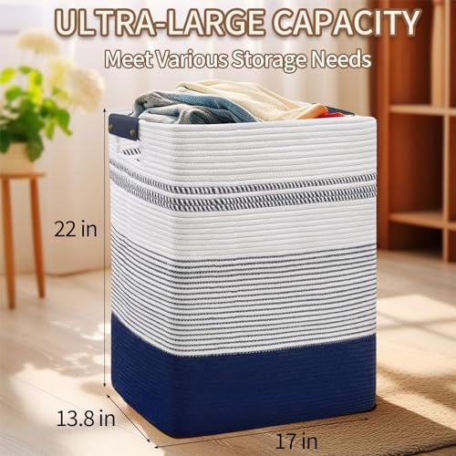 DOFASAYI Laundry Hamper, 85L Cotton Rope Laundry Basket, Dark Blue & White - Image 2