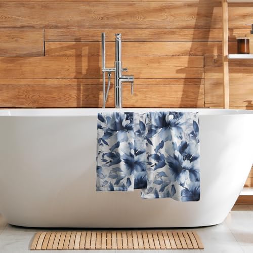 Navy Blue Flower Hand Towels Set of 2, Modern Ink Floral Face Towel 28X14 inch - Image 7