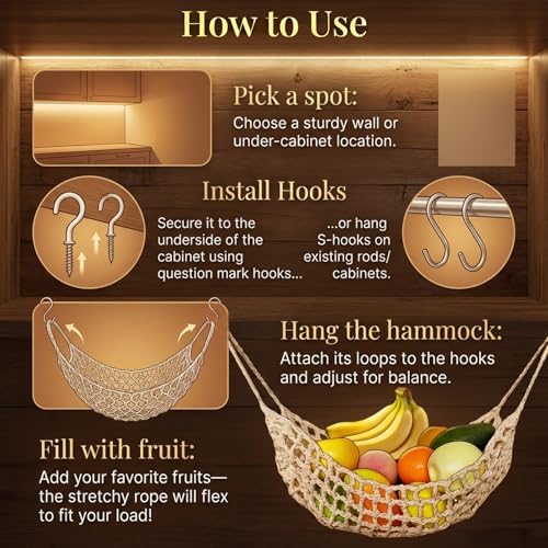 Hanging Fruit Hammock Under Cabinet, 13×16in Macrame Hanging Fruits Basket - Image 5