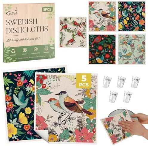 wlich 5 Pack Swedish Dishcloths, Reusable Kitchen Towels, Birds Flowers by wlich