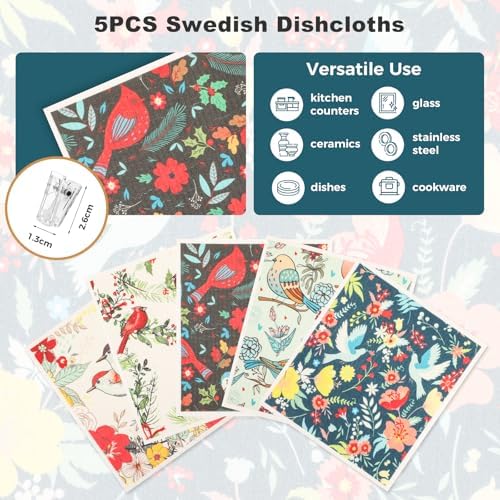 wlich 5 Pack Swedish Dishcloths, Reusable Kitchen Towels, Birds Flowers - Image 5