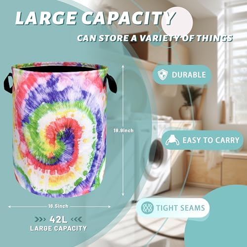 Tie Dye Laundry Basket Oxford Cloth Foldable Hamper 18.9x16.5 Inch - Image 2