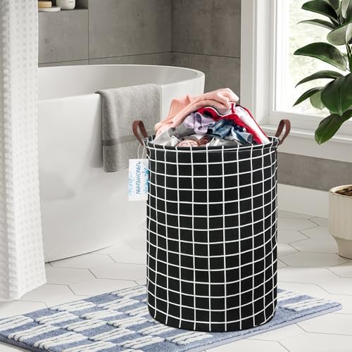 Round Laundry Basket Collapsible Storage Hamper Organizer Black Grid - Image 6