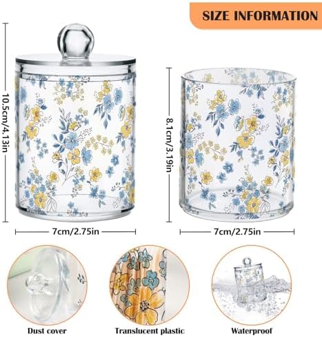 2 Pack Apothecary Jars Bathroom Blue Yellow Floral Qtip Holder Dispenser Clear - Image 3