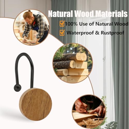 Shower Curtain Hooks, Wood Decorative Shower Curtain Rings, Modern Round Log - Image 3