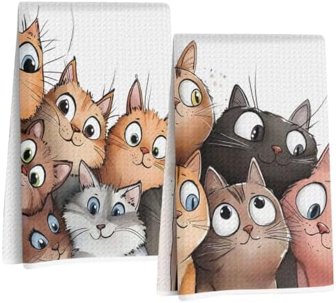 Jztco 2 Pcs Cute Cat Kitchen Towels, Cats Gifts Soft Absorbent Hand Towels by Jztco