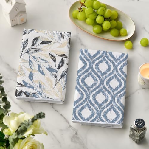Artoid Mode Blue Floral Leaves Boho Kitchen Towels Dish Towels, 18x26 Inch - Image 3