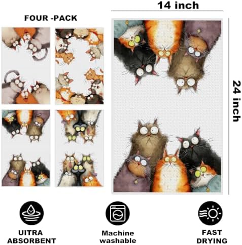 4 Pcs Cute Cat Kitchen Towels, Funny Cats Gifts Absorbent Hand Towels-01 - Image 2