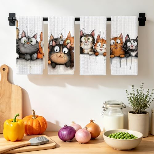 Jztco 4 Pcs Cute Cat Kitchen Towels, Funny Cats Absorbent Hand Tea Towel - Image 4