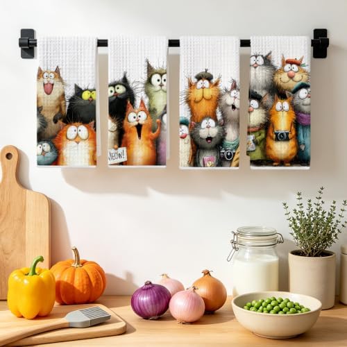 4 Pcs Cute Cat Kitchen Towels, Funny Cats Gifts Absorbent Hand Towels-08 - Image 4
