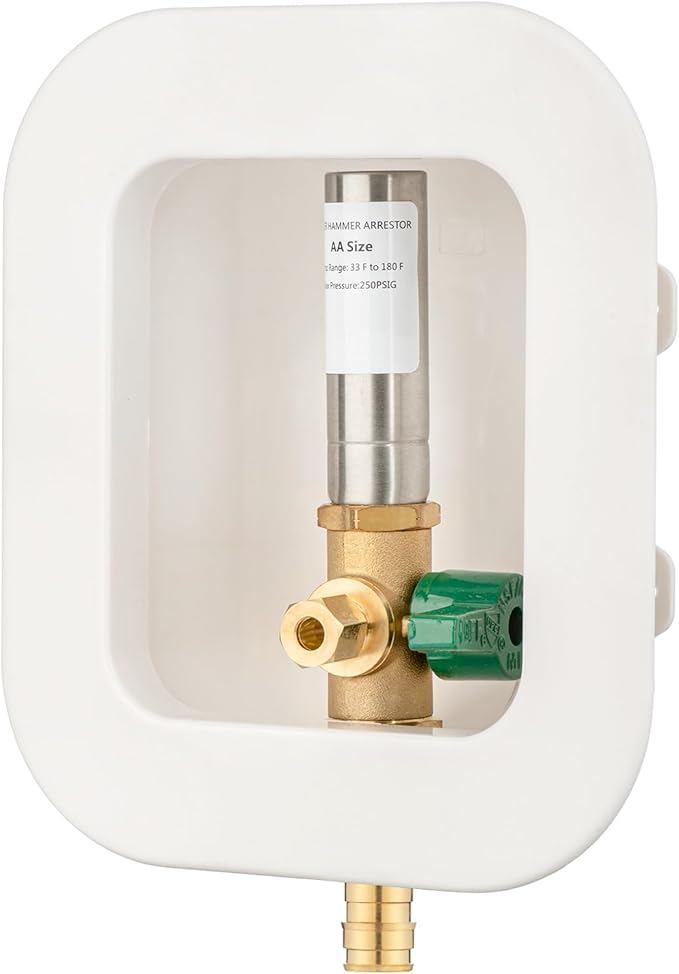 (1 Pack) Lidertik 1/2 inch Expansion PEX-A Pre-Assembled Ice Maker Outlet Box Valve 1/4 inch Recessed Refrigerator Water Line with Shut Off Valve and Stainless Steel Water Hammer Arrestor ZBQH-631-LK