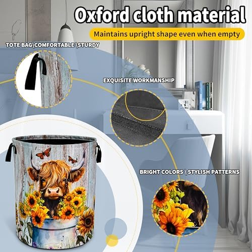 Highland Cow Sunflower Laundry Basket Foldable Waterproof 18.9 x 16.5 Inch - Image 3