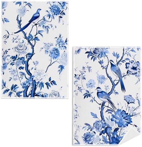 Chinoiserie Wildflower Bird Kitchen Towels Set of 2 by ColorfulLifeStartingwithYourCuteTowel