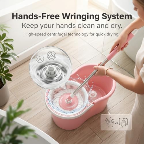 Pink Spin Mop and Bucket with Wringer Set 360 Rotating Mop 3 Mop Refills - Image 3