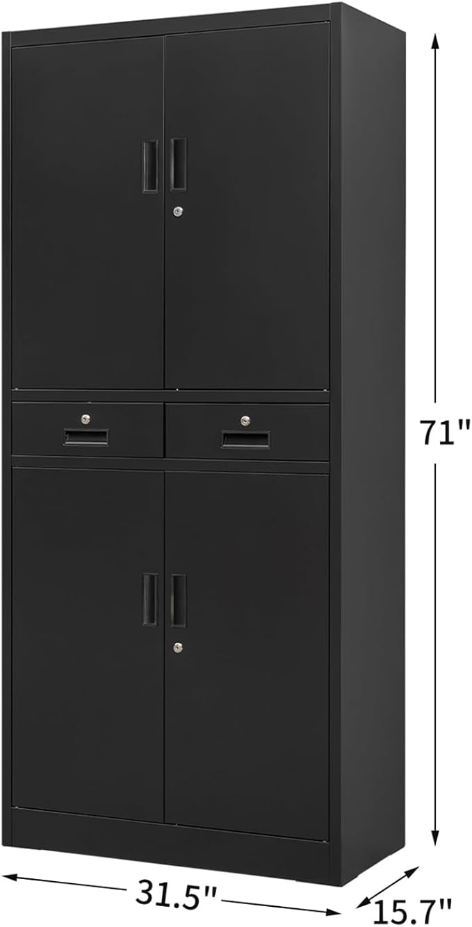 BESFUR Metal Storage Cabinet with 2 Drawers and Adjustable Shelves, 71" H Locking Storage Cabinet for Office, Garage, Home, School, Utility -Black