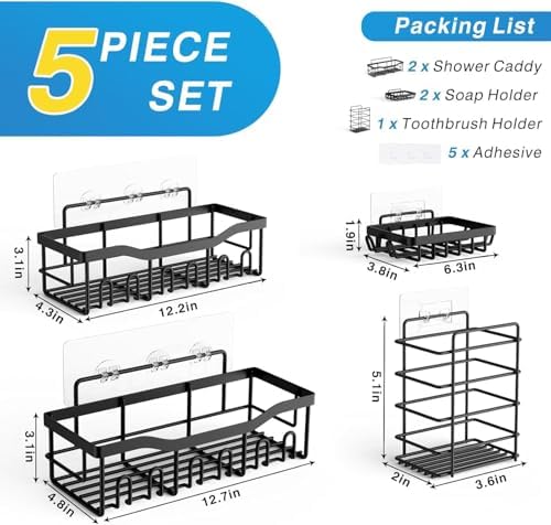 EUDELE 5-Pack Rustproof Stainless Steel Shower Caddy Set– No Drill Adhesive - Image 3