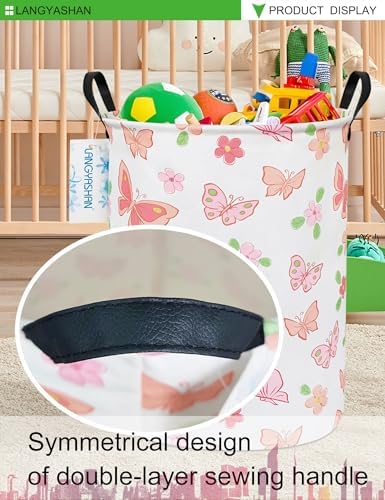 Round Laundry Basket Collapsible Storage Hamper Organizer Pink Butterfly - Image 3