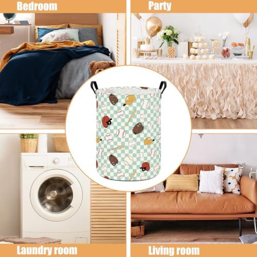 Round Laundry Basket Collapsible Storage Hamper Green Grid Baseball - Image 3