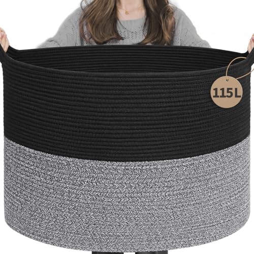 INDRESSME 115L Extra Large Woven Rope Blanket Basket Living Room Black Grey by INDRESSME