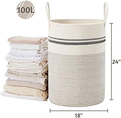 VIPOSCO 100L Extra Large Woven Laundry Basket Hamper, Stripe White - Image 5