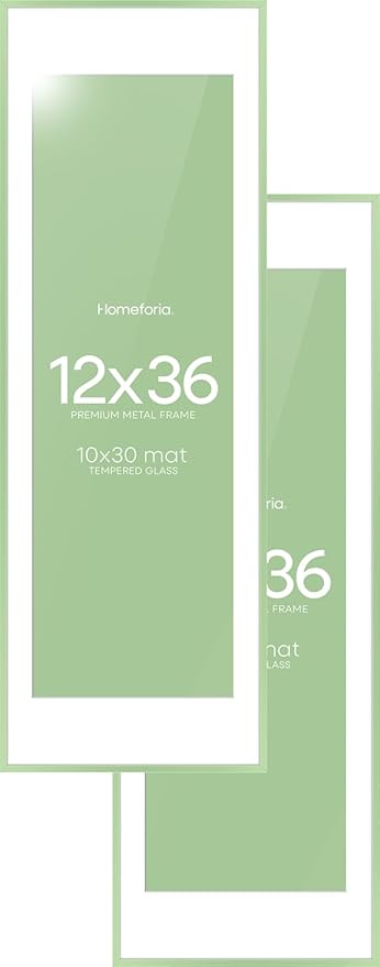 Homeforia 12x36 Sage Green Picture Frame, High End Metal 12by36 Poster Frames with Mat 10x30 Photo, 12 x 36 Green Frame Matted to 10 x 30 Art, 36x12 Panoramic Frame, Tempered Glass, Wall Kit, Set of 2