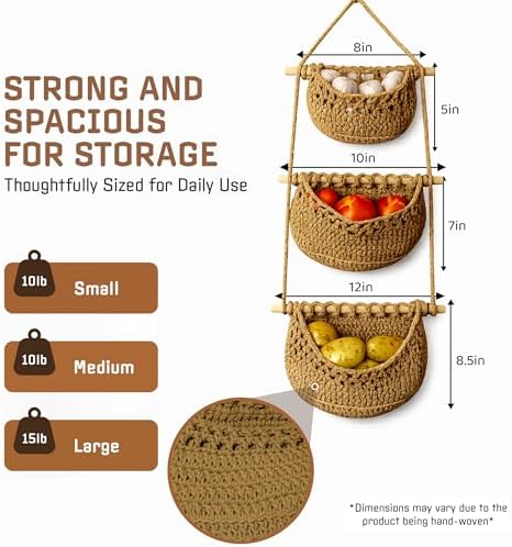 Cotton Hanging Fruit Basket, 3 Tier Woven wall Basket, hanging Storage baskets - Image 3