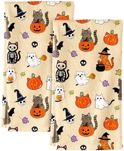 Miss Adola 150GSM Flour Sack Kitchen Towels Set of 2, Spooky Cats by MissAdola