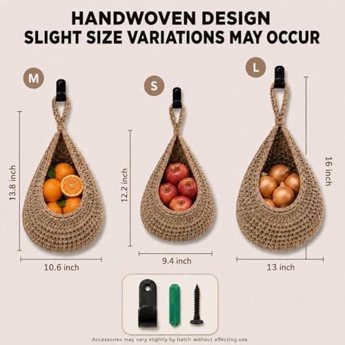 Hanging Fruit Baskets for Kitchen, 3 Pack Handwoven Wall Baskets - Image 2