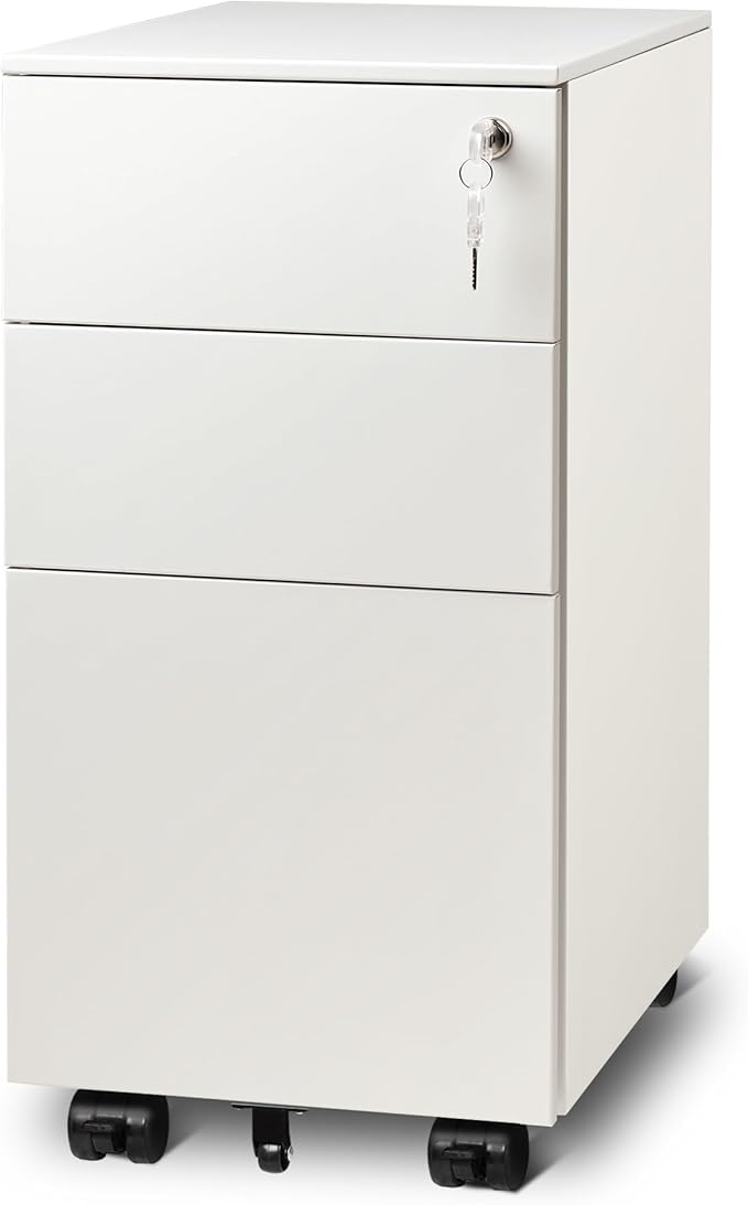 DEVAISE 3 Drawer Vertical File Cabinet with Lock, Under Desk Mobile Metal Filing Cabinet for Home Office Fit Legal/Letter/A4 File, Fully Assembled Except Wheels, White