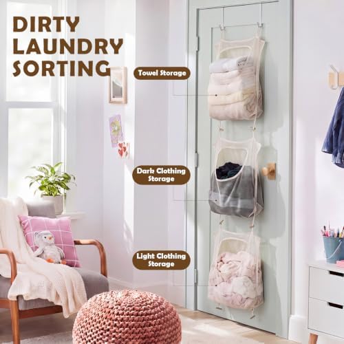 Tranqun 3 Pcs over The Door Hanging Laundry Hamper Mesh Laundry Bag - Image 3