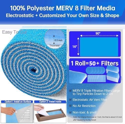Air Vent Filters, 16" x 90" Cut to Fit Air Filter Material (50+ Filters),MERV 8 Triple Electrostatic Vent Filter for AC, HVAC Furnace, Grilles and Mobile Home with Adhesive 48PCs Hook Tape