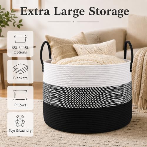 JMvicyroam 65L Extra Large Machine Washable Cotton Rope Blanket Basket - Image 2