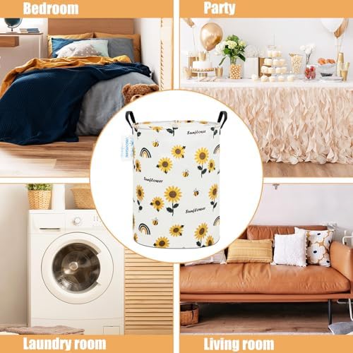Round Laundry Basket Collapsible Storage Hamper Organizer Sunflower - Image 3