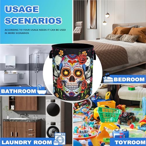 Sugar Skull Skeleton Laundry Basket Foldable Oxford Cloth 18.9 x 16.5 Inch - Image 4