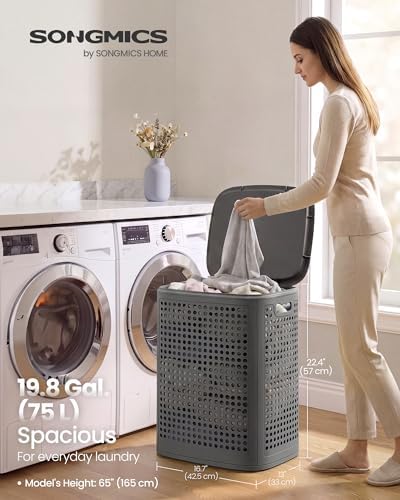 SONGMICS Laundry Hamper with Lid, 75 L Ventilated Basket, Cutout Handles - Image 2